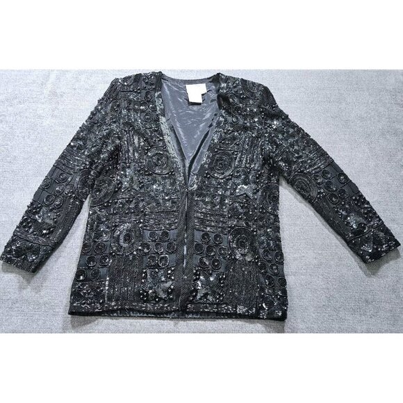 Joan Leslie Talbots Jacket Womens L Petite Black Top Sequins Beads Silk LS Vtg - Picture 9 of 16